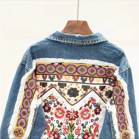 Denim bohemian stitched Aztec tribal floral embroidered denim jacket coat - Picture 4 of 16
